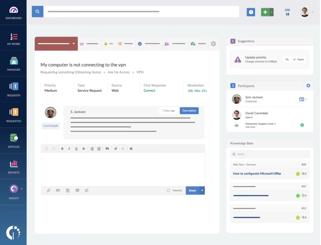 Las Respuestas Mejoradas con IA de InvGate Service Management ayudan a los agentes a mejorar y reescribir respuestas a tickets usando OpenAI.